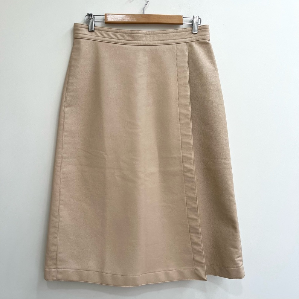 Ann Taylor tan vegan leather faux wrap midi skirt classic neutral minimalist 6